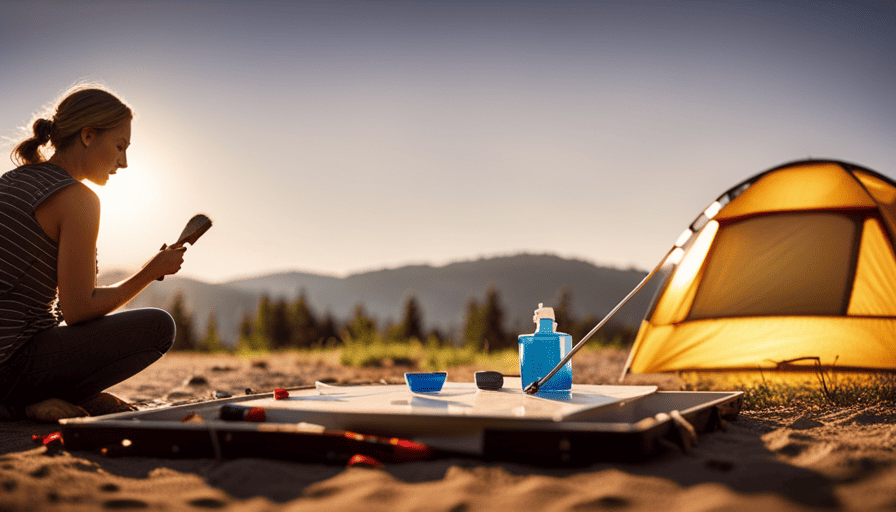 An image of a bright, sunny day with a pop-up camper set up in a picturesque campsite