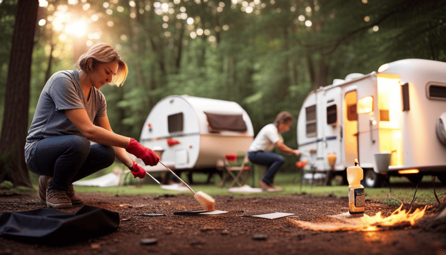 An image showcasing a hands-on demonstration of a person gently scrubbing a pop-up camper canvas with a soft brush, using soapy water, while sunlight filters through the trees, illuminating the camper's pristine exterior