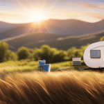 An image showcasing a camper trailer gleaming under the sun, surrounded by a picturesque landscape