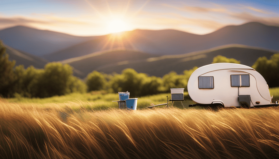 An image showcasing a camper trailer gleaming under the sun, surrounded by a picturesque landscape