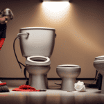 An image showcasing a person wearing rubber gloves, holding a plunger, while leaning over a clogged camper toilet