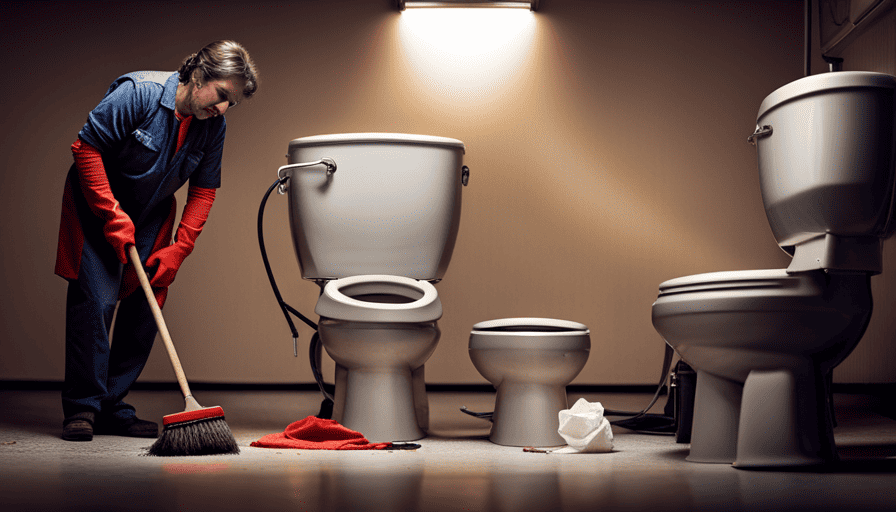An image showcasing a person wearing rubber gloves, holding a plunger, while leaning over a clogged camper toilet