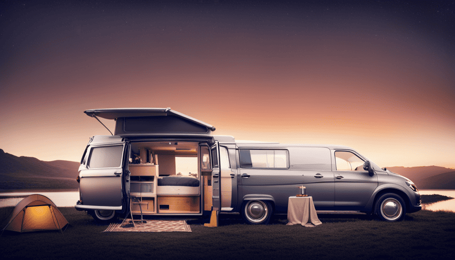 An image showcasing a spacious minivan interior transformed into a cozy camper