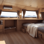 An image showcasing a step-by-step transformation of an enclosed trailer into a cozy camper