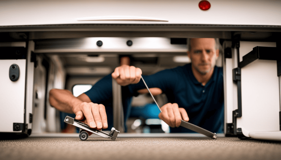 An image capturing the step-by-step process of lowering a pop-up camper: a person unhooking the stabilizing jacks, releasing the tension on the lift system, folding down the canvas, and securing the camper for travel