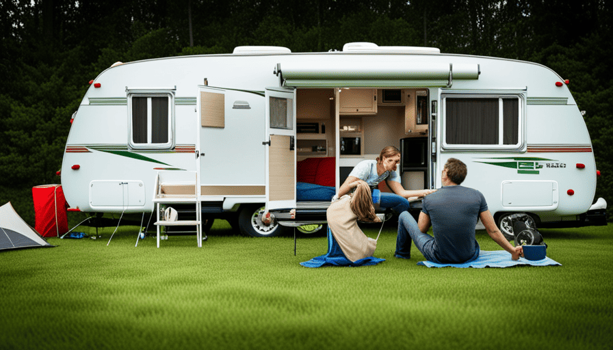 An image of a camper surrounded by lush green grass, with a person disconnecting the water hose, removing the protective cover, opening windows, and inspecting the plumbing system, preparing it for a warm and adventurous season