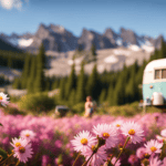 An image showcasing a sunny outdoor scene with a camper surrounded by blooming flowers and lush greenery