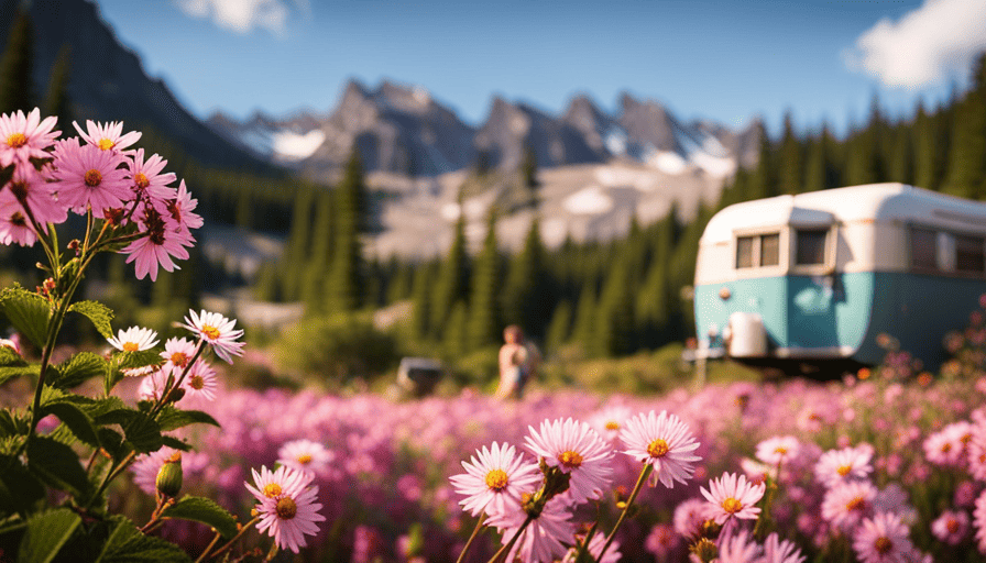 An image showcasing a sunny outdoor scene with a camper surrounded by blooming flowers and lush greenery