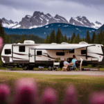 An image showcasing a fifth wheel camper in a picturesque campground, surrounded by blooming flowers and leafy trees