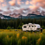 An image showcasing a camper parked in a scenic campground, surrounded by blooming wildflowers and lush greenery