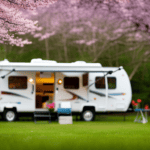 An image showcasing a camper in a serene natural setting, with vibrant spring colors and blossoming trees