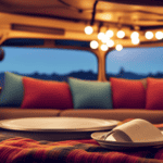 An image featuring a cozy camper interior adorned with vibrant throw pillows in various patterns, a rustic wooden dining table decorated with fresh flowers, and string lights illuminating the space, casting a warm glow
