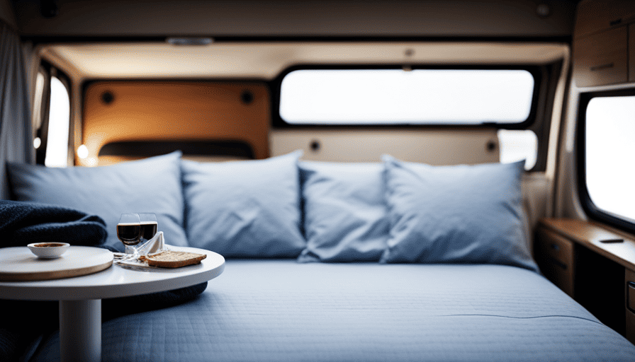 An image showcasing a meticulously designed camper van interior, featuring a cozy built-in bed with plush bedding, a compact kitchenette equipped with a sleek stove and mini-fridge, and a stylish lounge area with a foldable table and comfortable seating