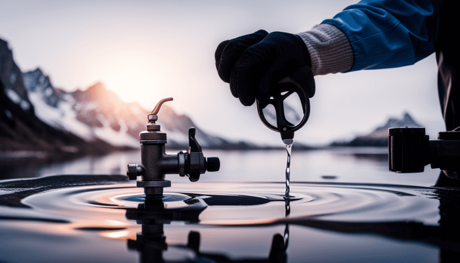 An image capturing the process of dewinterizing your camper: a person wearing gloves turning a valve to release antifreeze, water flowing through pipes, and a fresh water tank filling up with clear water