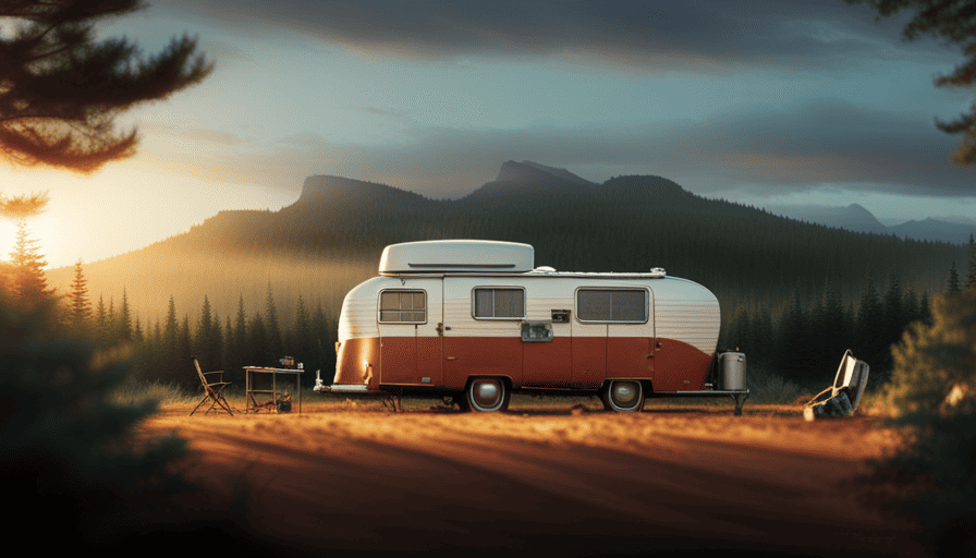 An image of an old camper parked in a serene and secluded forest clearing