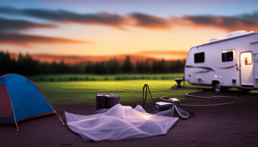 An image depicting a serene campsite with a camper parked nearby