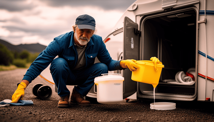 An image showcasing a step-by-step guide on emptying a camper's holding tank