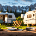 An image showcasing a sunlit campsite, with a vibrant camper van parked beside it