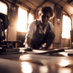 An image showcasing a close-up of skilled hands removing worn-out linoleum flooring in a vintage camper, with sunlight streaming through a nearby window, illuminating the tools and exposing the sturdy wooden subfloor underneath