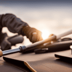 An image capturing a close-up of skilled hands using a rubber mallet to carefully secure a new sheet of weatherproofing material onto a camper's roof, surrounded by an array of specialized tools