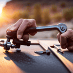 An image showcasing a close-up of skilled hands gripping a sturdy wrench, effortlessly tightening bolts on a camper's slide-out mechanism