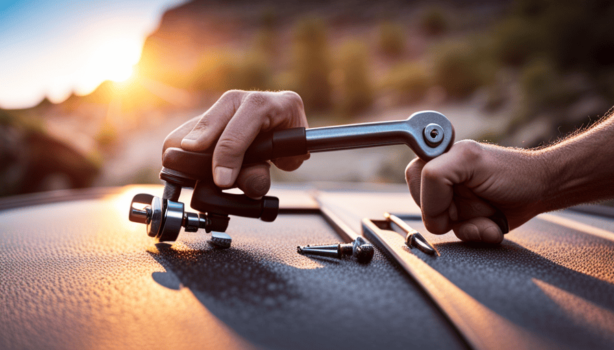 An image showcasing a close-up of skilled hands gripping a sturdy wrench, effortlessly tightening bolts on a camper's slide-out mechanism