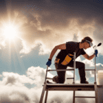 An image showcasing a person wearing safety goggles and gloves, standing on a sturdy ladder, applying a fresh coat of sealant to a camper roof