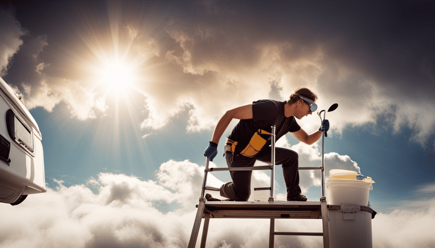 An image showcasing a person wearing safety goggles and gloves, standing on a sturdy ladder, applying a fresh coat of sealant to a camper roof