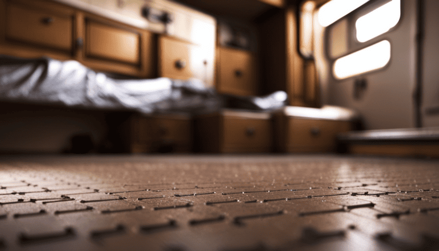 An image showcasing a close-up view of a camper floor with visible soft spots