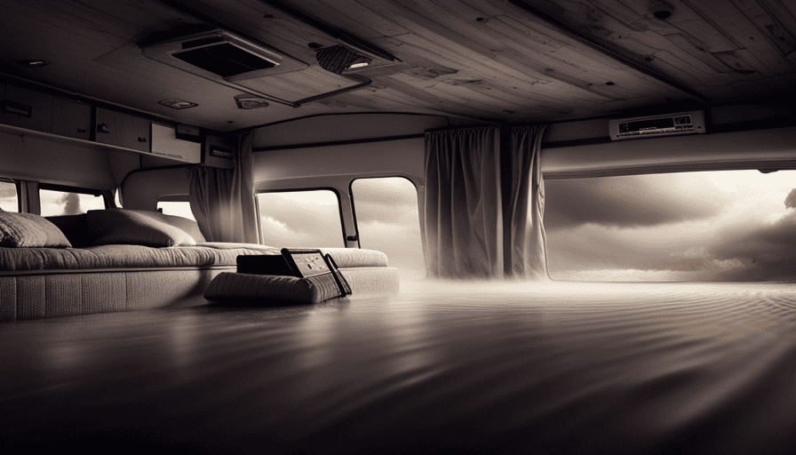 An image showcasing a camper interior flooded with water, revealing soaked cushions, warped wooden panels, and a sagging ceiling