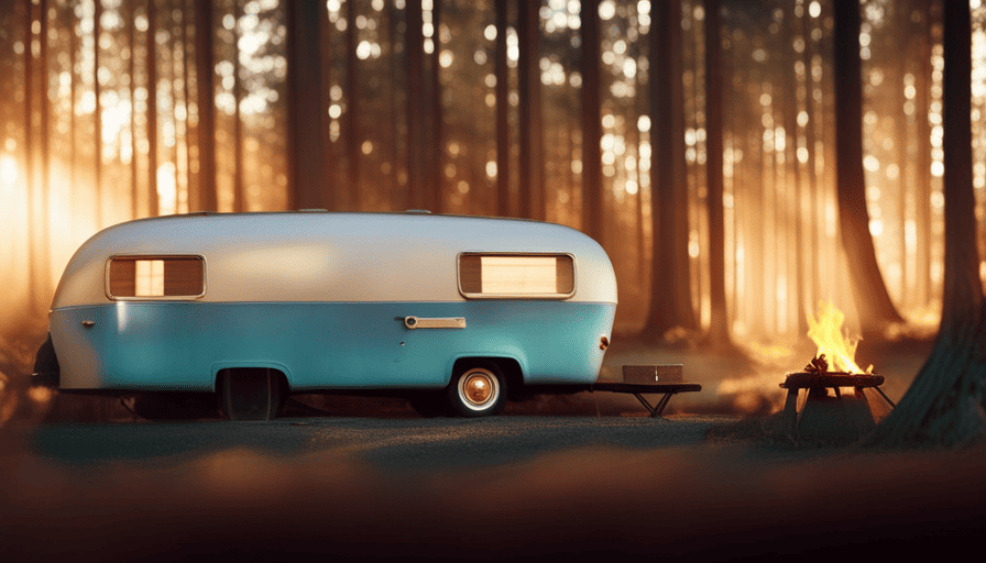 An image showcasing a vintage camper parked in a serene wilderness setting