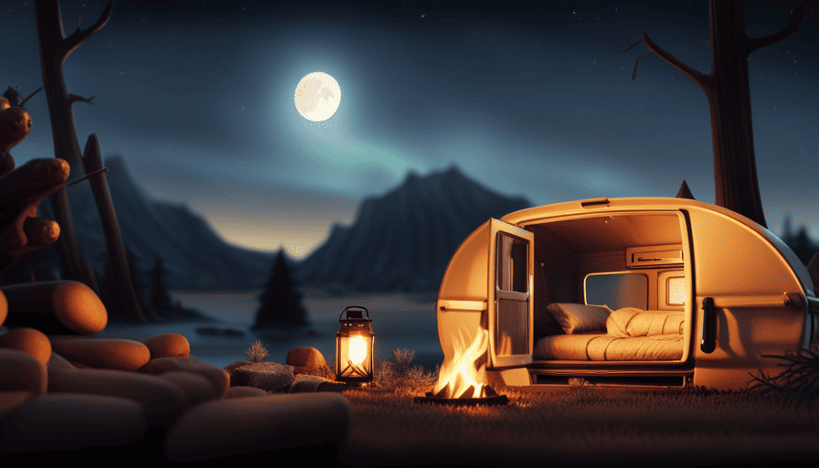 An image that showcases a cozy camper nestled amongst towering pine trees, with a glowing campfire in front