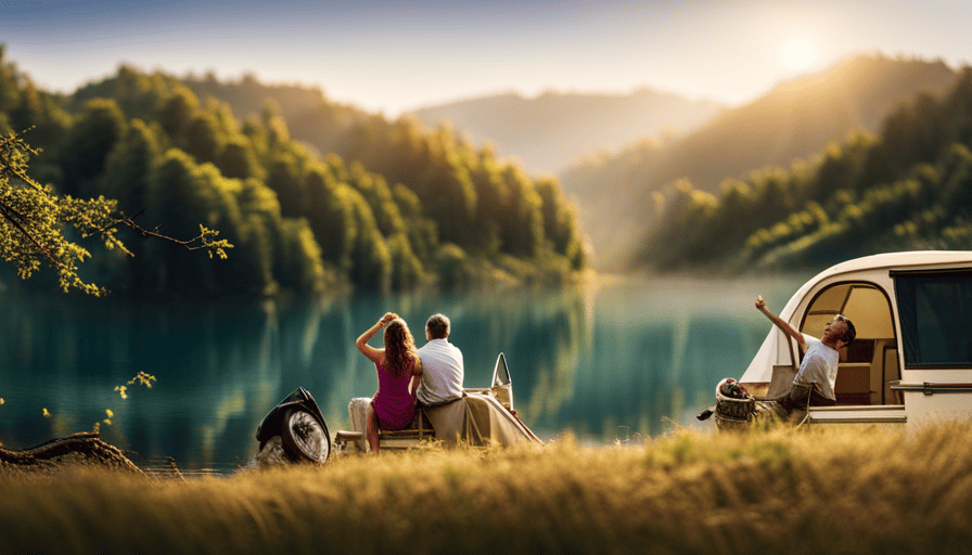 An image showcasing a smiling couple parked by a serene lakeside, surrounded by lush forests