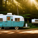 An image showcasing a vintage camper parked amidst a picturesque forest backdrop, with vibrant rays of sunlight filtering through the dense foliage