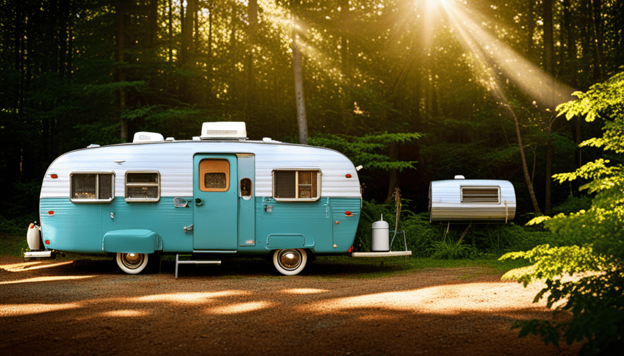 An image showcasing a vintage camper parked amidst a picturesque forest backdrop, with vibrant rays of sunlight filtering through the dense foliage