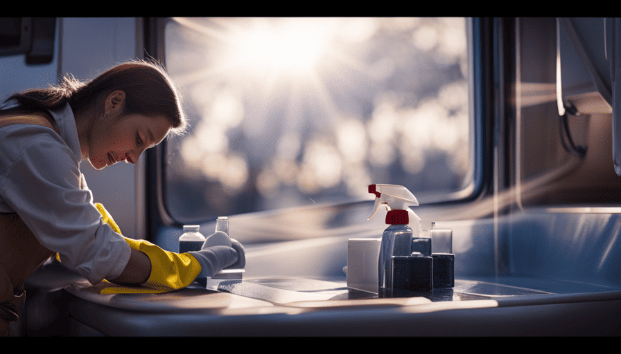 An image capturing a person wearing rubber gloves and scrubbing the interior of a camper with a mixture of vinegar and water