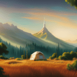 An image showcasing a picturesque campsite with a camper antenna mounted on the roof, perfectly aligned towards a tall transmission tower, surrounded by lush greenery and clear skies, symbolizing improved reception