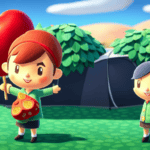 An image showcasing a character in Animal Crossing: New Horizons, enticingly waving a hand-drawn map, surrounded by vibrant fruit trees and a cozy campsite, encouraging readers to discover the secrets of persuading campers to move in