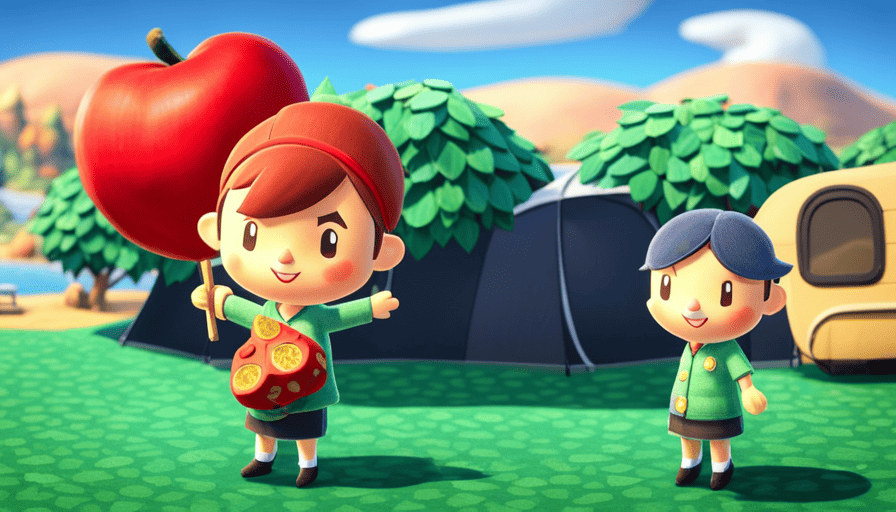 An image showcasing a character in Animal Crossing: New Horizons, enticingly waving a hand-drawn map, surrounded by vibrant fruit trees and a cozy campsite, encouraging readers to discover the secrets of persuading campers to move in