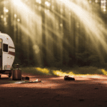 An image showcasing a camper's exterior, with a portable water heater connected to the propane tank