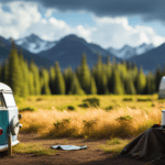 An image showcasing a serene campsite surrounded by lush nature, with a camper van parked nearby