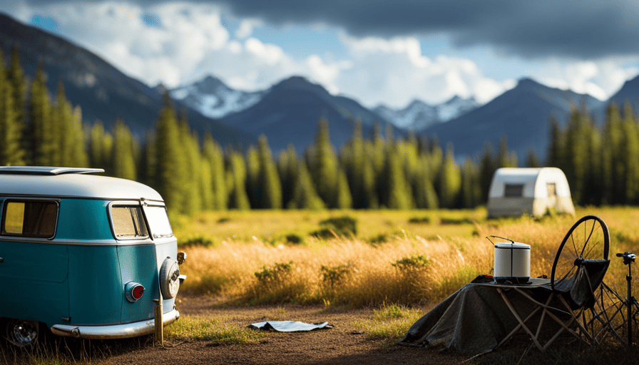 An image showcasing a serene campsite surrounded by lush nature, with a camper van parked nearby