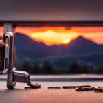 An image that showcases a skilled person using a slim metal tool to deftly pick the lock of a sturdy camper door, with the sunset illuminating the scene and casting a golden glow