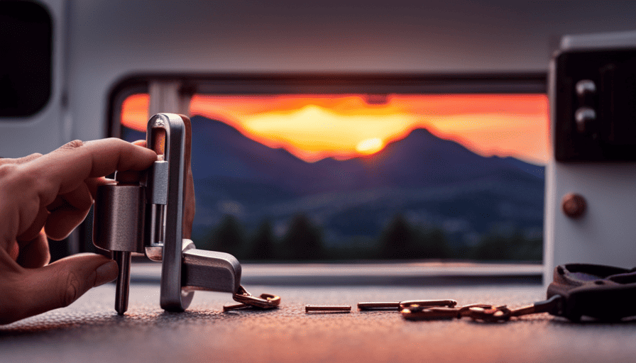 An image that showcases a skilled person using a slim metal tool to deftly pick the lock of a sturdy camper door, with the sunset illuminating the scene and casting a golden glow
