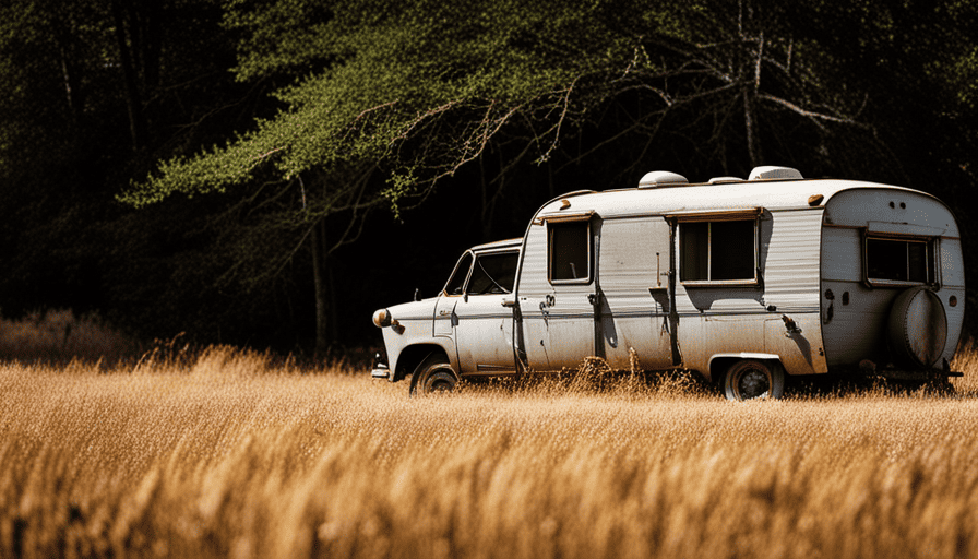 An image showcasing a dilapidated camper parked on a gravel driveway, covered in a thick layer of dust and surrounded by overgrown weeds