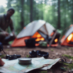 An image featuring a serene camping spot surrounded by a dense forest
