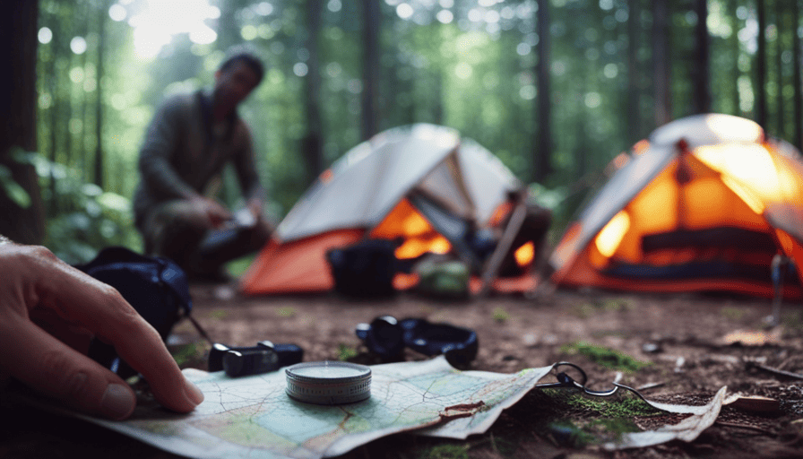An image featuring a serene camping spot surrounded by a dense forest