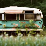 An image that showcases an old, weathered camper surrounded by a cluttered backyard
