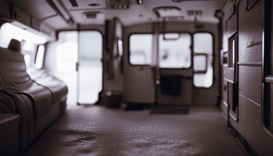 An image showcasing a dimly lit camper interior, with moisture visibly condensing on the windows and walls
