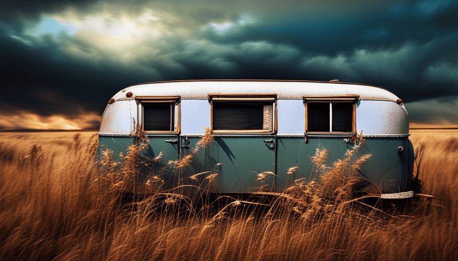 An image showcasing a serene countryside landscape with a dilapidated camper trailer surrounded by overgrown weeds, rusted metal, and faded paint